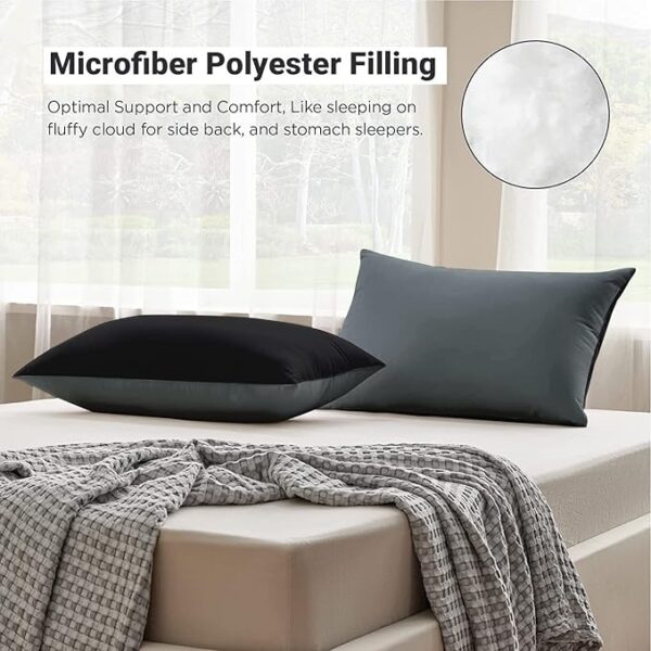 Microfiber Bed Pillows Set of 2, Reversible Soft Pillows for Sleeping and Comfort (16x24 Inches, Black-Grey) - Image 2