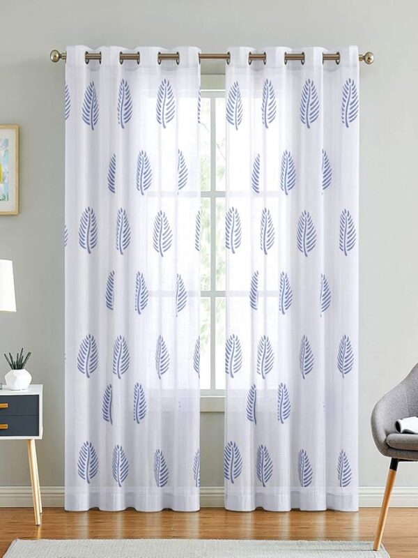 Cotton Linen Solid Sheer Curtain Set with Eyelet Rings, Non Blackout 7 ft Long Door Curtain, Set of 2 Blue Leaf Curtains (4.5ft x7ft)