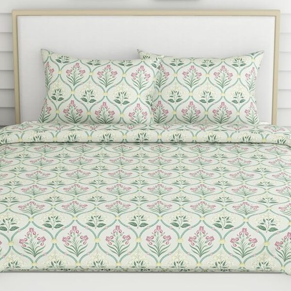 100% Cotton Bedsheet for King Size Bed,186 TC Soft Cotton Bedsheet for Double Bed, King Size Bed Sheet with 2 Pillow Covers,Green Blossom - Image 4