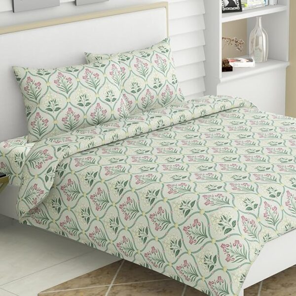 100% Cotton Bedsheet for King Size Bed,186 TC Soft Cotton Bedsheet for Double Bed, King Size Bed Sheet with 2 Pillow Covers,Green Blossom